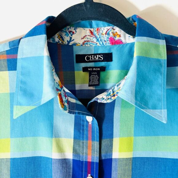 Chaps L No-Iron cotton plaid 3/4 sleeve paisley print cuffs button up shirt - Picture 3 of 13